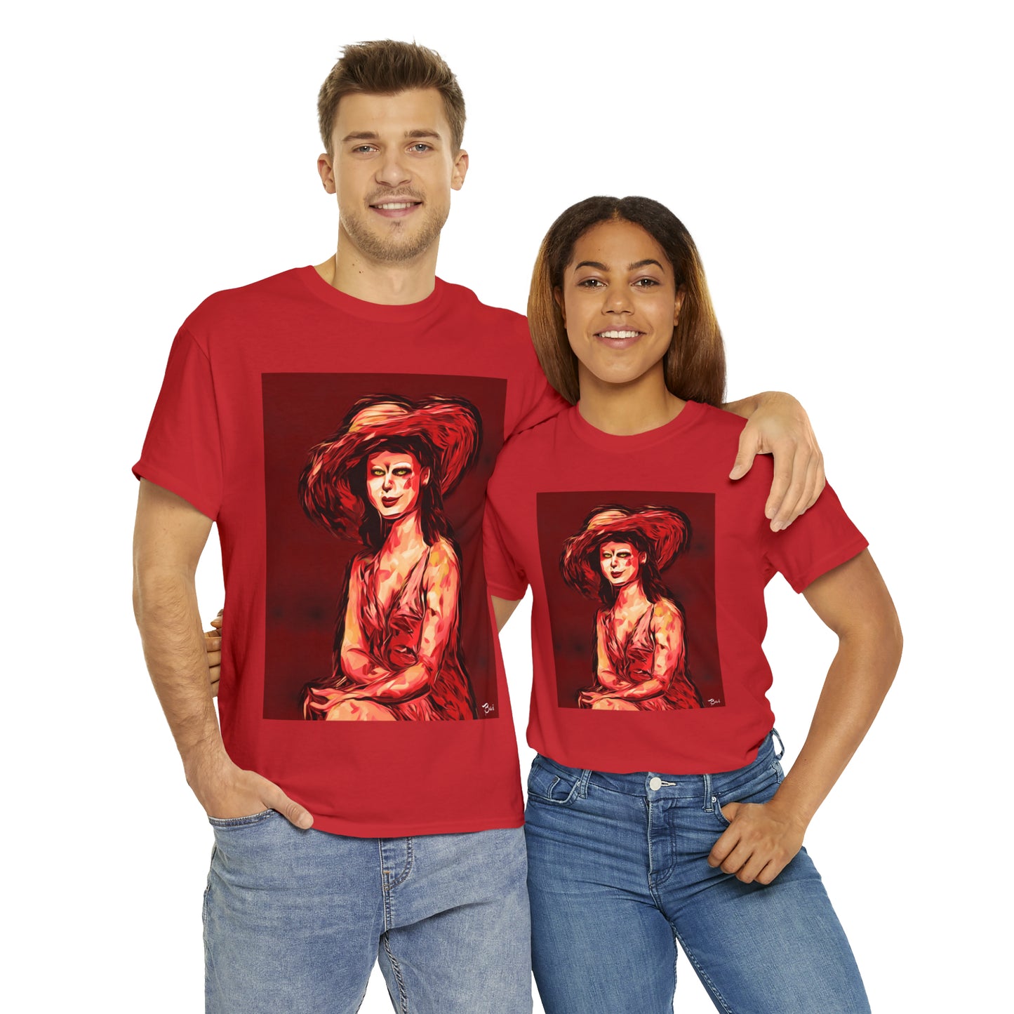 LADY IN SUN HAT (Red) - Airt on a Shirt  - Unisex Heavy Cotton Tee - AUS