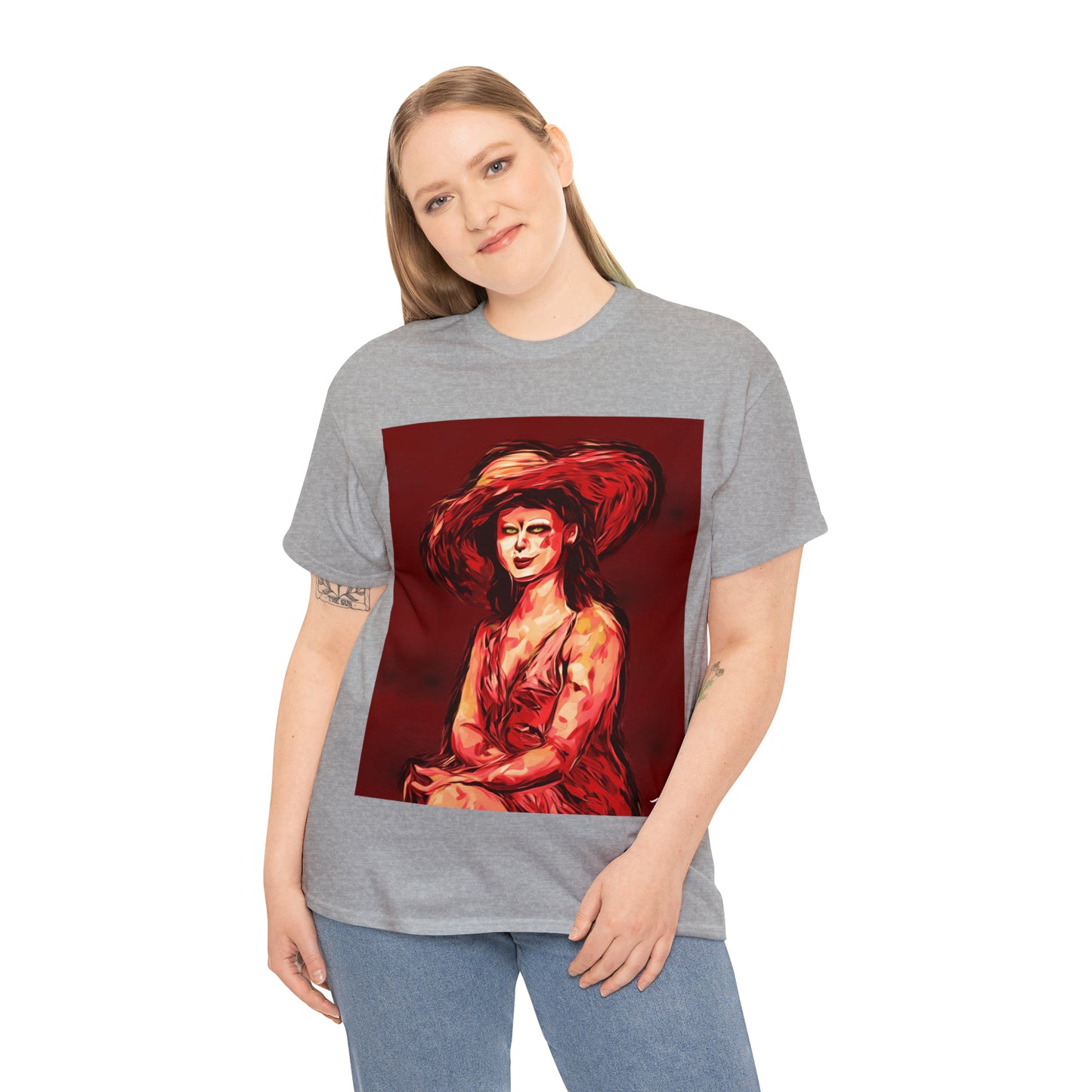 LADY IN SUN HAT (Red) - Airt on a Shirt  - Unisex Heavy Cotton Tee - AUS