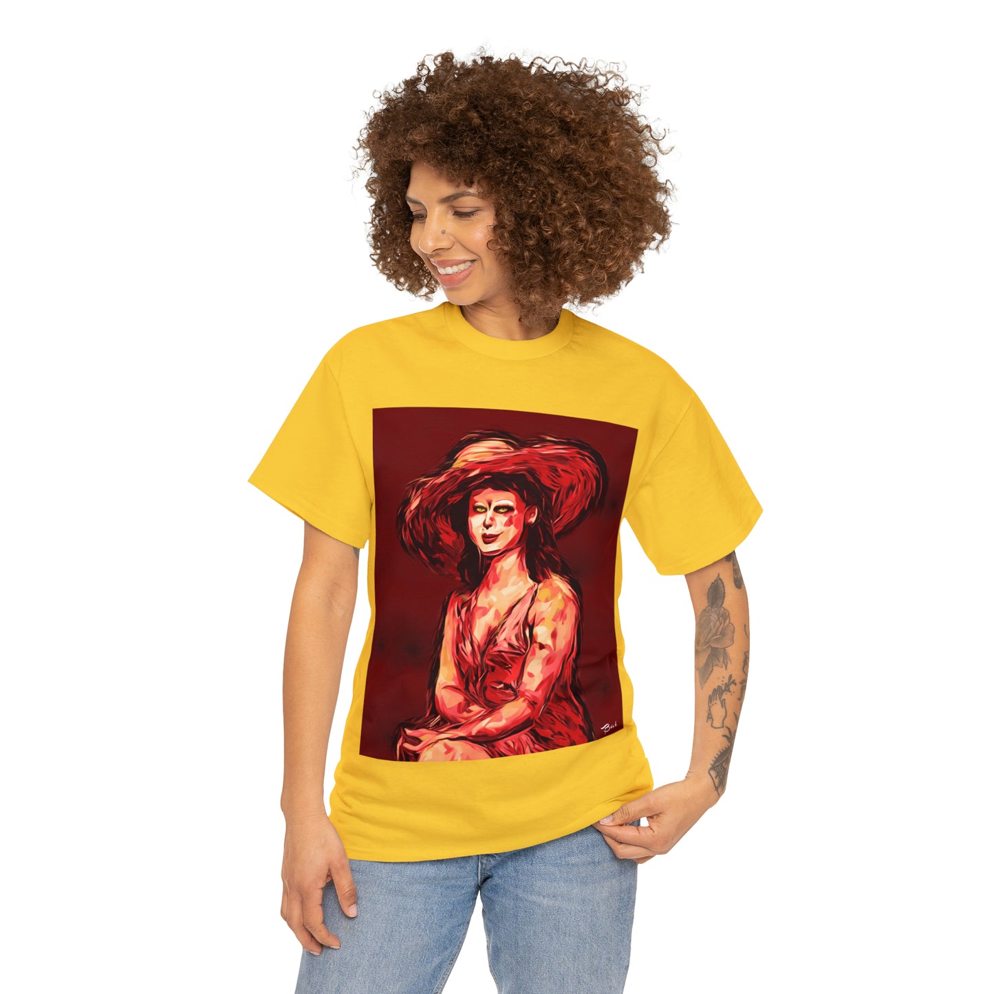 LADY IN SUN HAT (Red) - Airt on a Shirt  - Unisex Heavy Cotton Tee - AUS