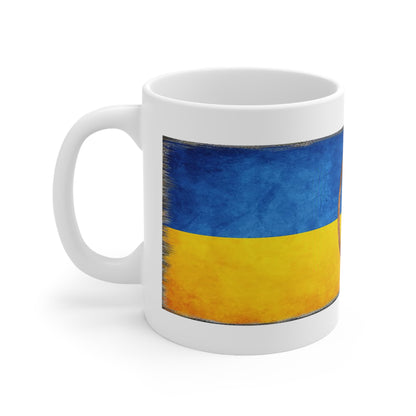 UKRAINIAN FLAG & WOOD FRAMED TRIDENT CUP/MUG - Ceramic Coffee Cups, 11oz, 15oz