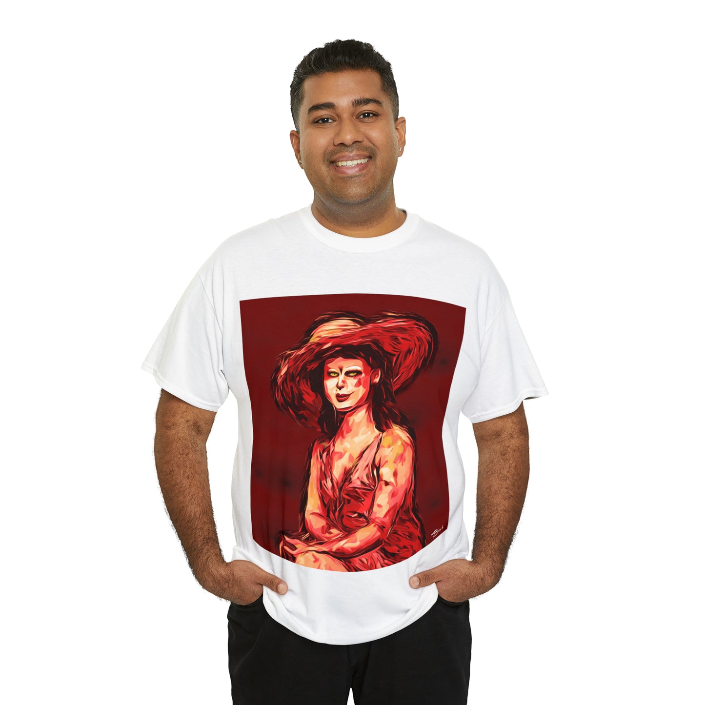 LADY IN SUN HAT (Red) - Airt on a Shirt  - Unisex Heavy Cotton Tee - AUS