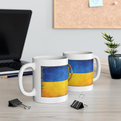 UKRAINIAN FLAG & WOOD FRAMED TRIDENT CUP/MUG - Ceramic Coffee Cups, 11oz, 15oz