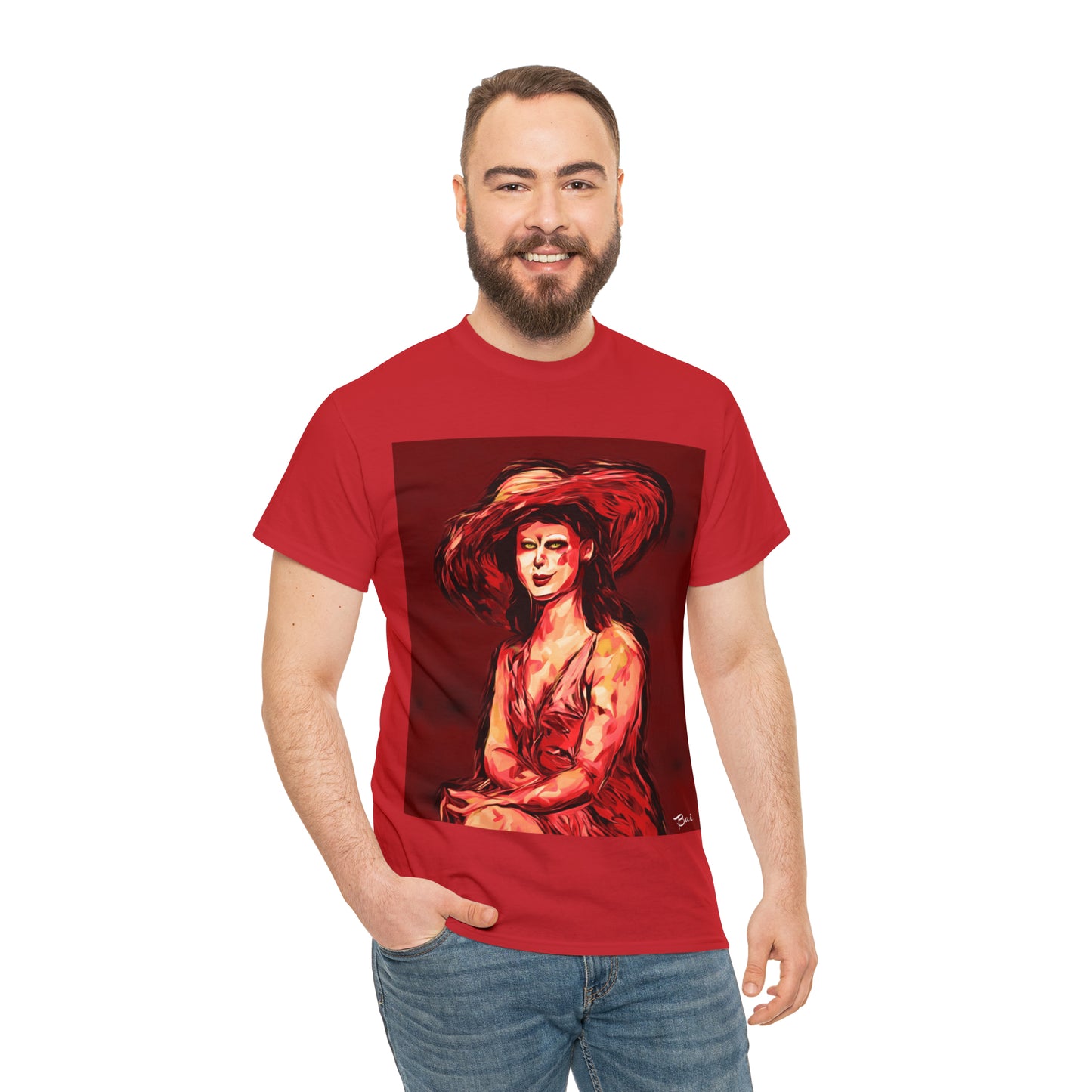 LADY IN SUN HAT (Red) - Airt on a Shirt  - Unisex Heavy Cotton Tee - AUS