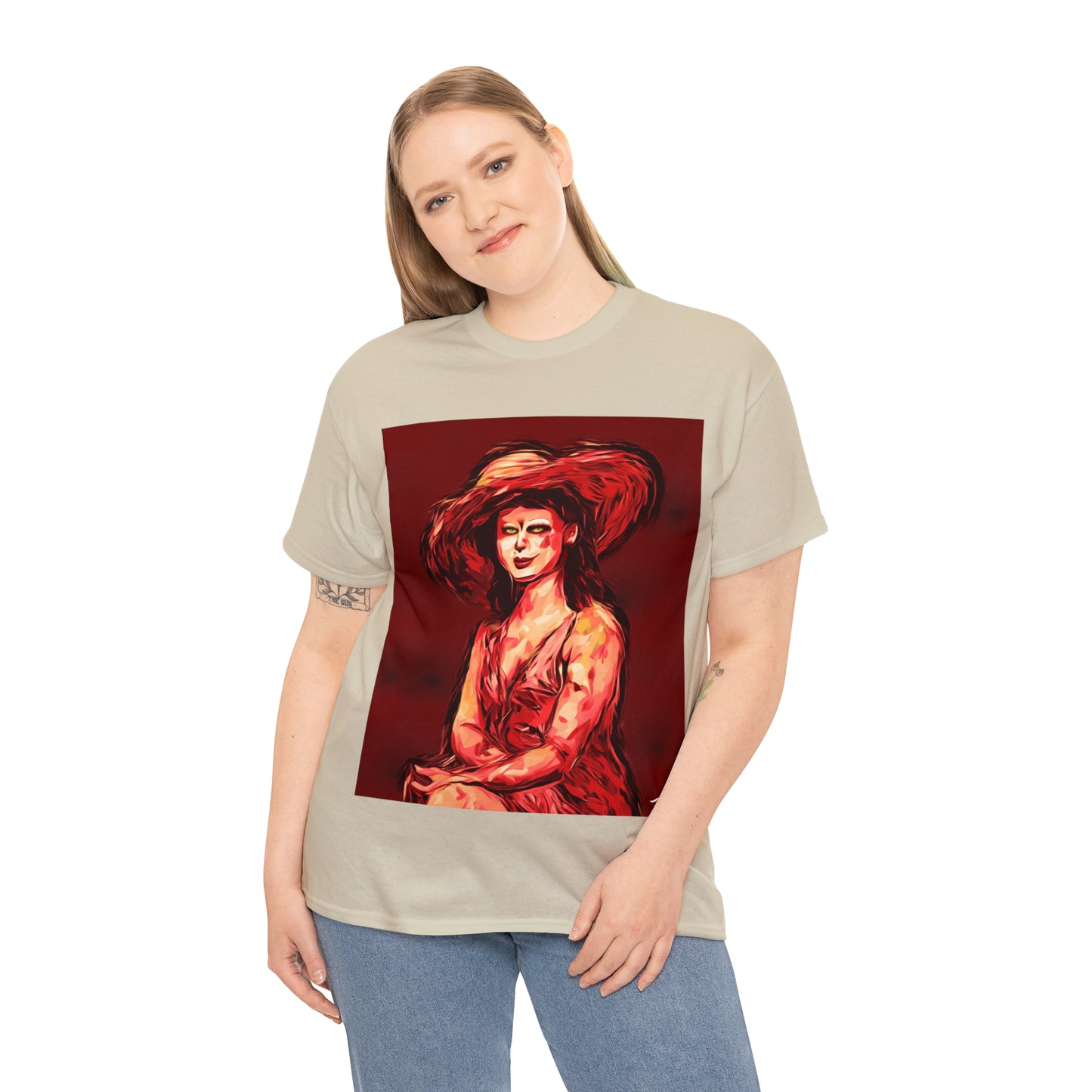 LADY IN SUN HAT (Red) - Airt on a Shirt  - Unisex Heavy Cotton Tee - AUS