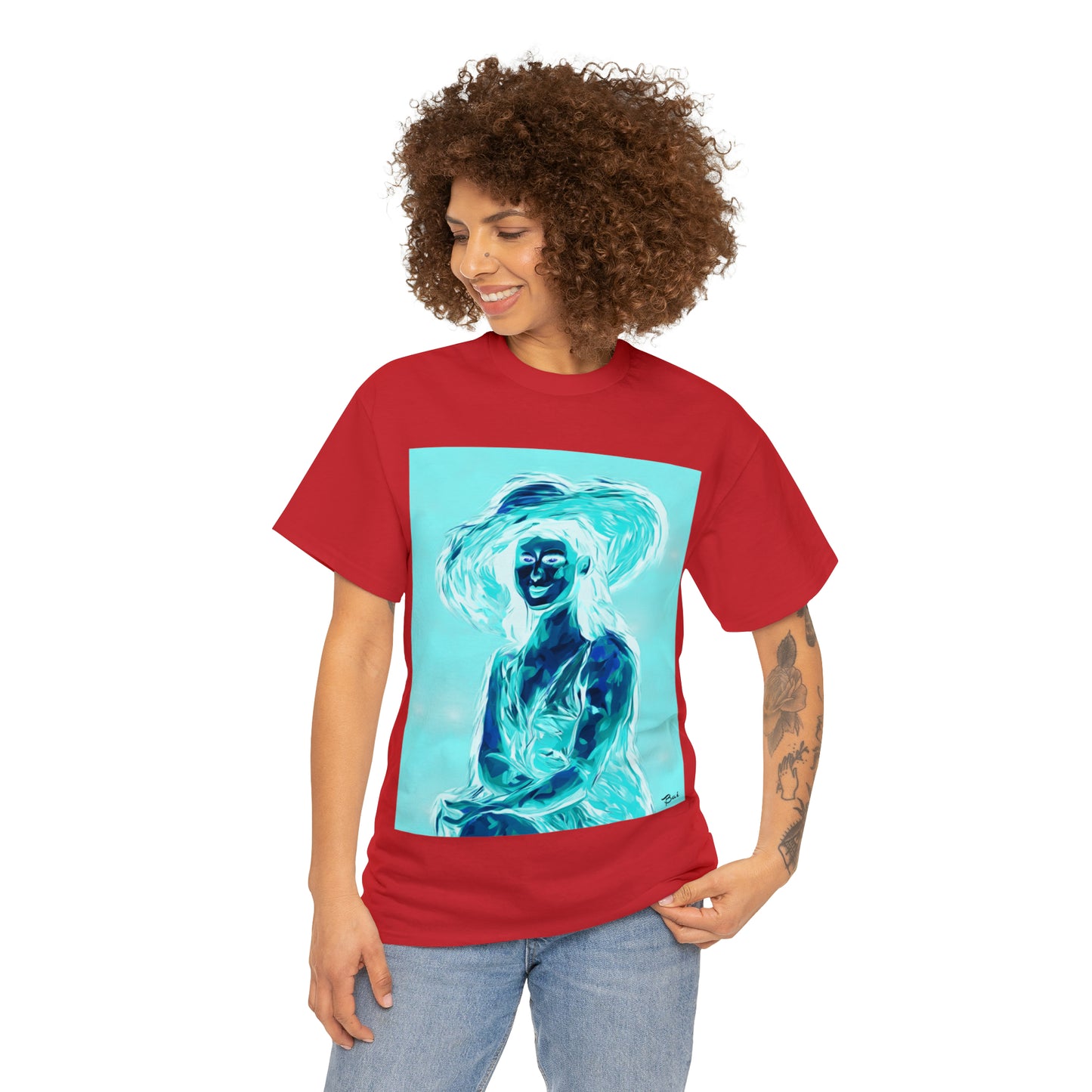 LADY IN SUN HAT (an Inversion in Red) - Airt on a Shirt  - Unisex Heavy Cotton Tee - AUS