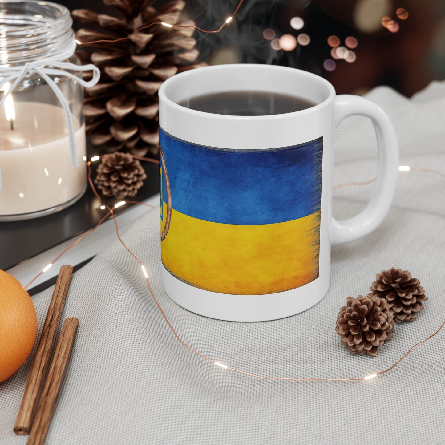 UKRAINIAN FLAG & WOOD FRAMED TRIDENT CUP/MUG - Ceramic Coffee Cups, 11oz, 15oz