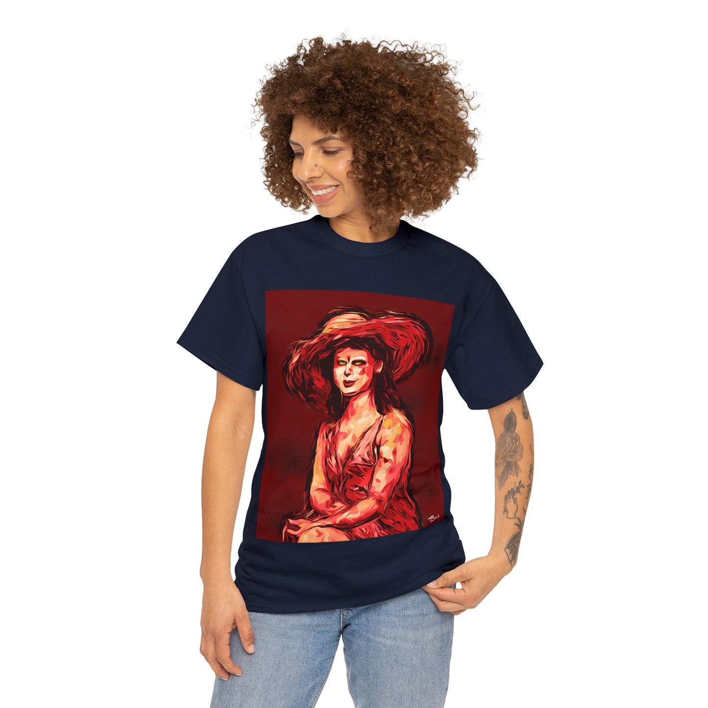 LADY IN SUN HAT (Red) - Airt on a Shirt  - Unisex Heavy Cotton Tee - AUS