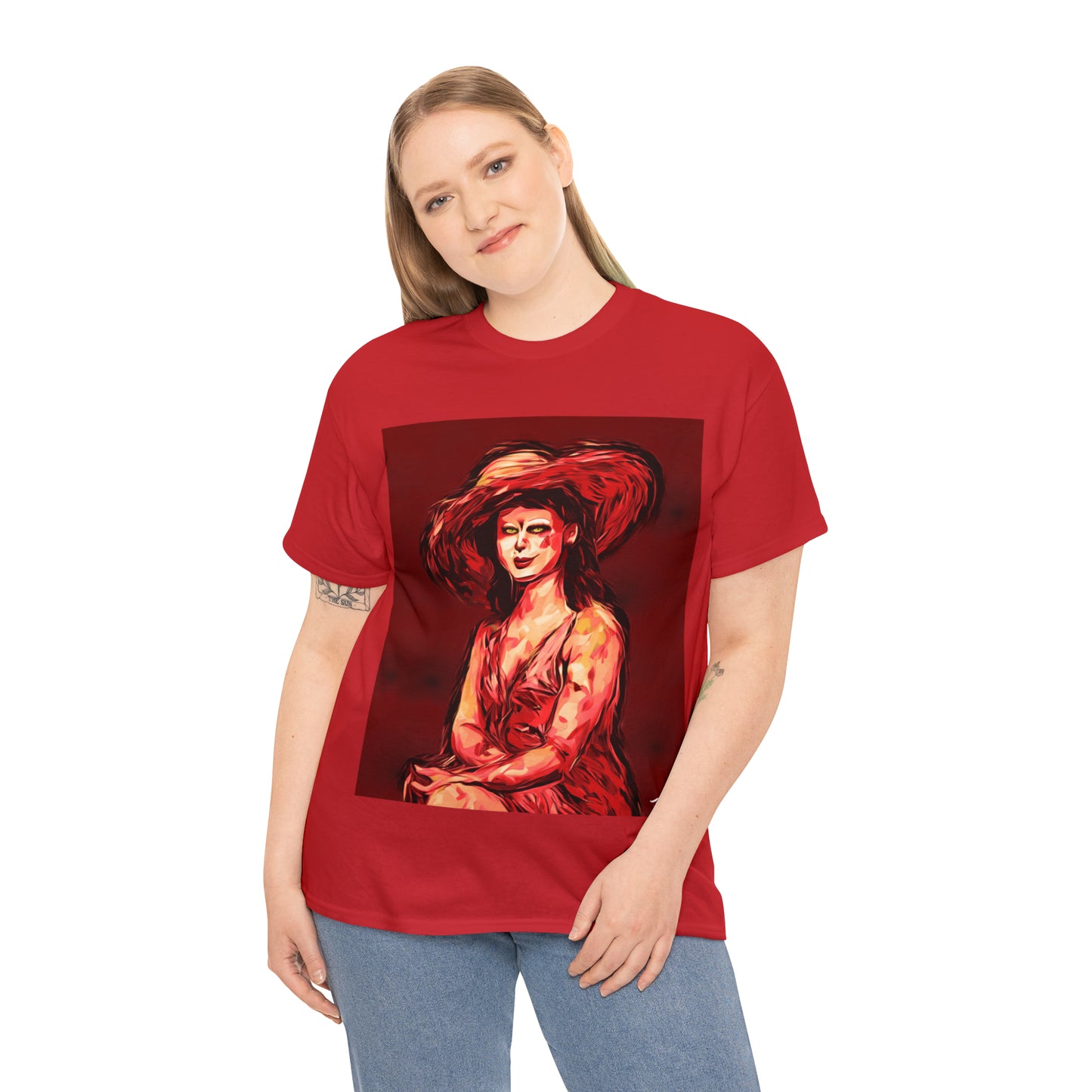 LADY IN SUN HAT (Red) - Airt on a Shirt  - Unisex Heavy Cotton Tee - AUS