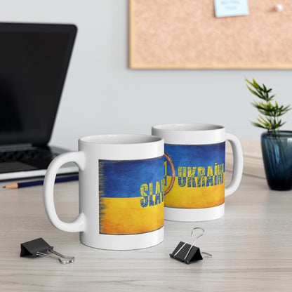 "SLAVA UKRAINI" Ukrainian Flag & Wood Framed Trident CUP/MUG - Ceramic Coffee Cups, 11oz