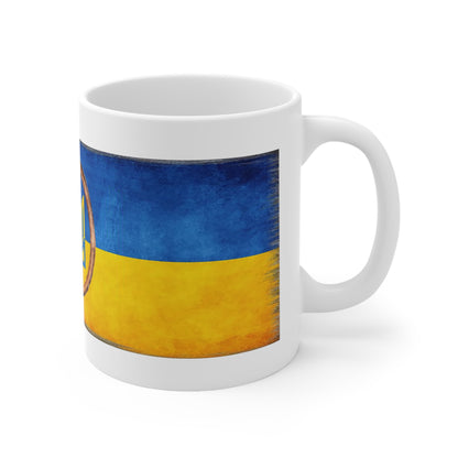 UKRAINIAN FLAG & WOOD FRAMED TRIDENT CUP/MUG - Ceramic Coffee Cups, 11oz, 15oz