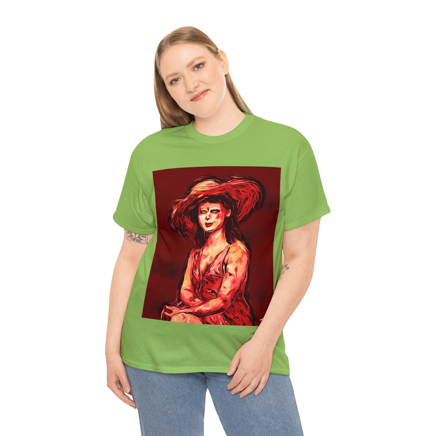 LADY IN SUN HAT (Red) - Airt on a Shirt  - Unisex Heavy Cotton Tee - AUS