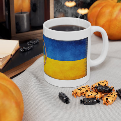 UKRAINIAN FLAG & WOOD FRAMED TRIDENT CUP/MUG - Ceramic Coffee Cups, 11oz, 15oz