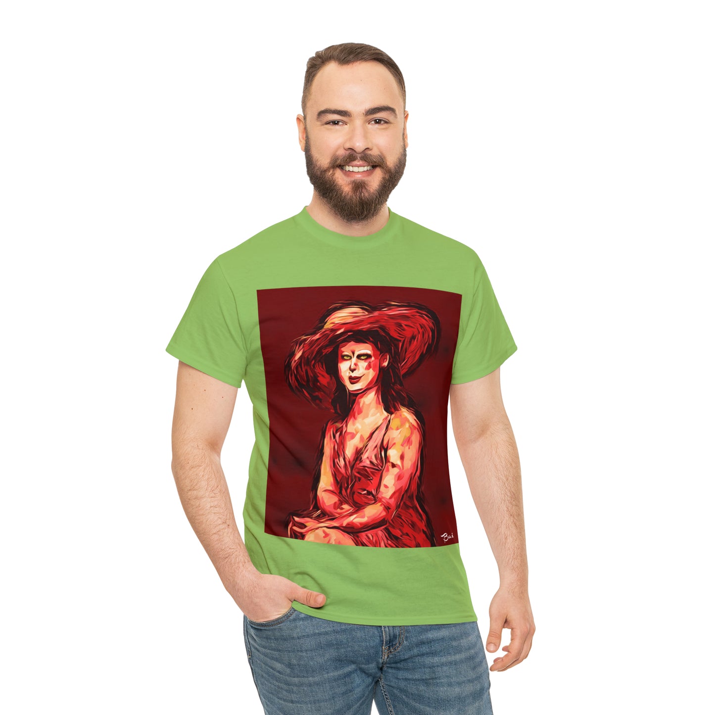 LADY IN SUN HAT (Red) - Airt on a Shirt  - Unisex Heavy Cotton Tee - AUS